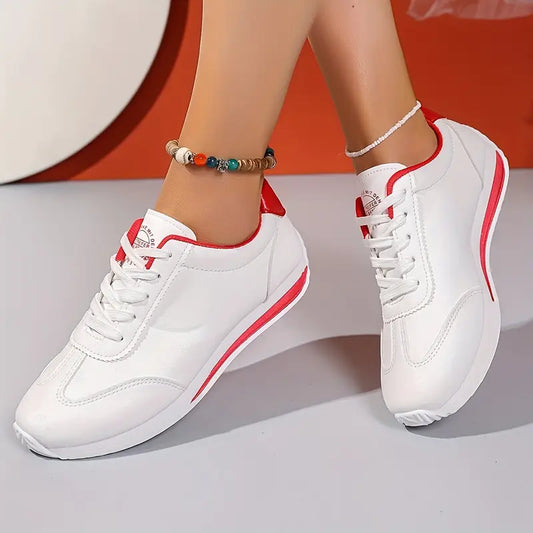 Women's Lightweight Casual Sneakers, Fashionable White with Black, Red, Green, and Yellow Accents,