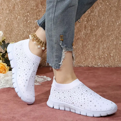 Knit Running Sneakers with Rhinestone Decoration, EVA Sole, Slip-On Design, Round Toe