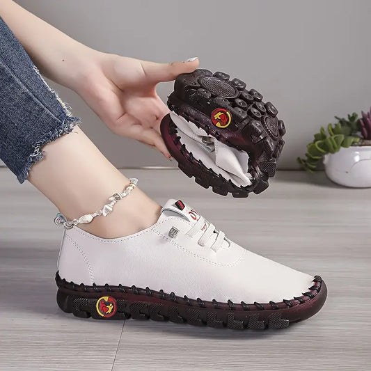 Women's Casual Sneakers - Breathable Soft Sole, Hand-Stitched PU Cover Upper, Lace-Up Low-Top