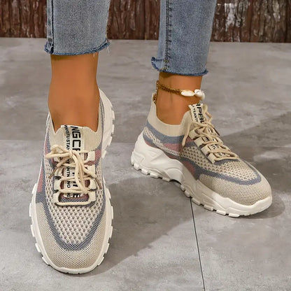 Women's Lightweight Slip-On Sneakers - Breathable Walking Shoes Beige/Pink/Gray/White Colorway - Cushioned Rubber Sole for Everyday, Gym, Errands
