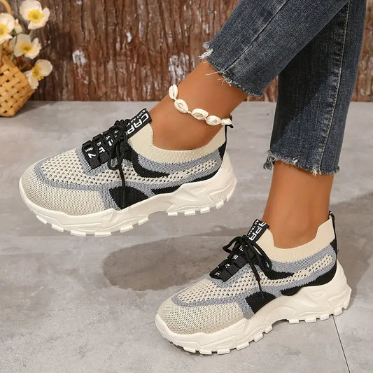 Women's Lightweight Slip-On Sneakers - Breathable Walking Shoes Beige/Pink/Gray/White Colorway - Cushioned Rubber Sole for Everyday, Gym, Errands