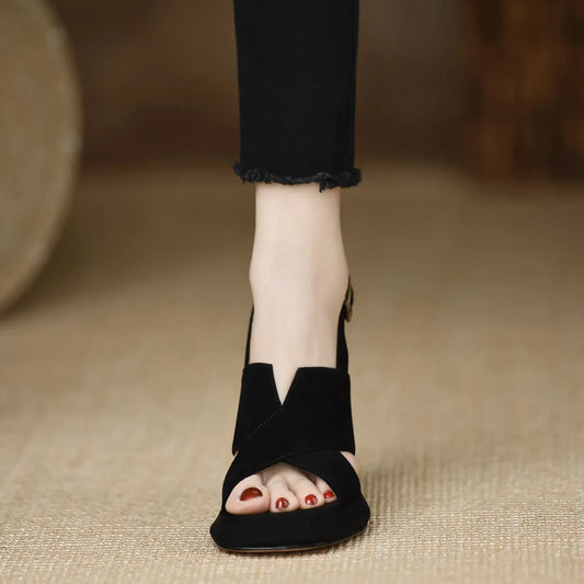 Heels Shoes Women Sandals Square Toe Thick Heeled Pumps Elegant Back Strap Black Leather Shoes 39 40 Sizes Outside