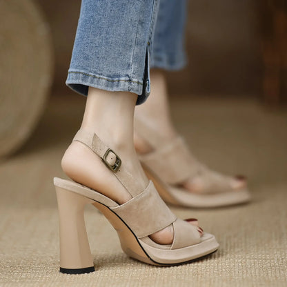 Heels Shoes Women Sandals Square Toe Thick Heeled Pumps Elegant Back Strap Black Leather Shoes 39 40 Sizes Outside