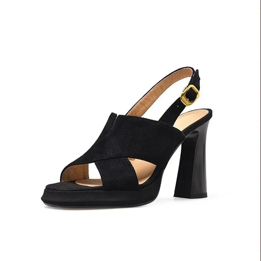 Heels Shoes Women Sandals Square Toe Thick Heeled Pumps Elegant Back Strap Black Leather Shoes 39 40 Sizes Outside