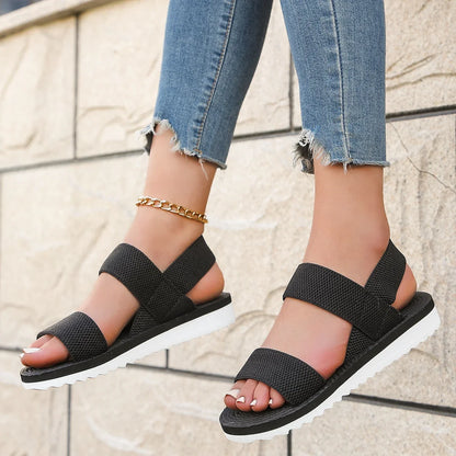 Women's Fashion trend anti-slip wear comfortable matching color sole pure black shoelace flat sandals