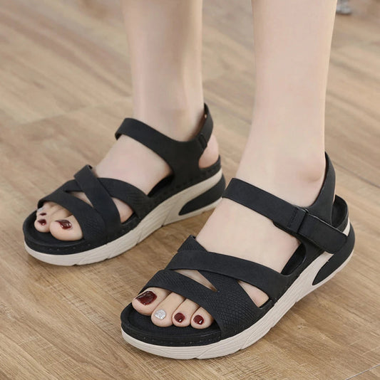 Lightweight Simple Sandals Casual Sports Comfortable Thick Sole Velcro Stitching Large Size Women's Shoes Wedges In Summer