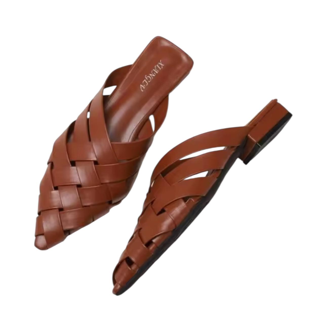 Women’s Woven Pointed Half Slippers – Thick Heel Summer Sandals