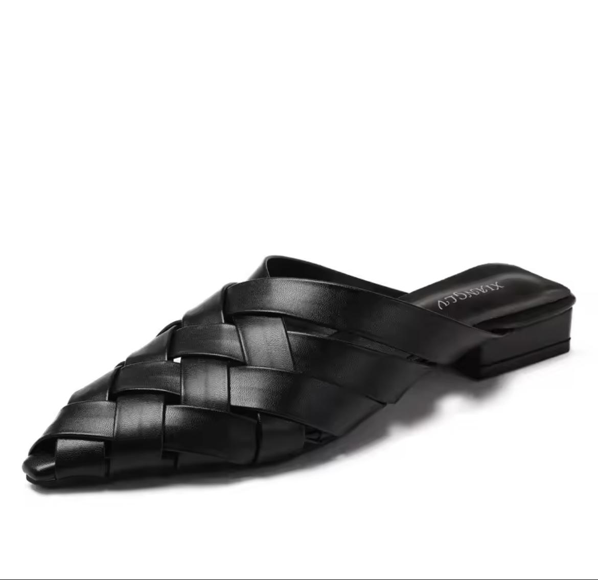 Women’s Woven Pointed Half Slippers – Thick Heel Summer Sandals